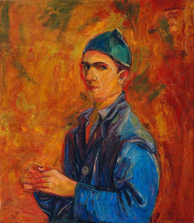 Maximilian Florian, Selbstbildnis mit blauem Arbeitsmantel, 1936-1947, Öl auf Leinwand, 80 x 69 ...