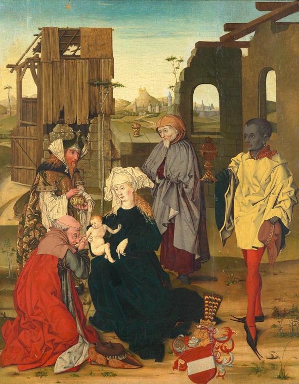 Meister der Anbetung mit dem Bindenschild, Anbetung der Hl. Drei Könige, um 1490, Malerei auf T ...
