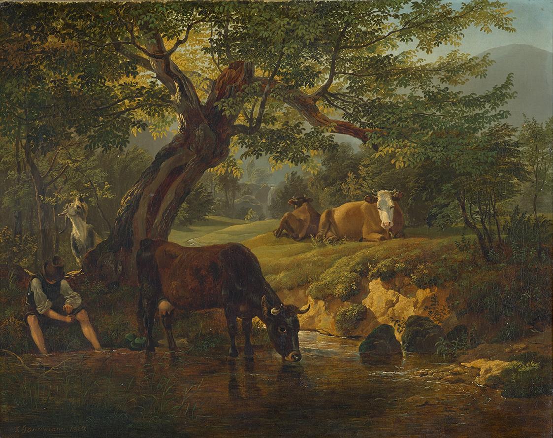 Friedrich August Mathias Gauermann, Landschaft mit Hüterbub und Tieren, 1827, Öl auf Leinwand,  ...