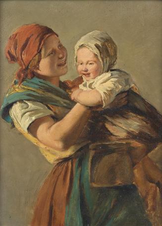 Ferdinand Georg Waldmüller, Junge Mutter mit ihrem Kind, um 1858, Öl auf Karton, 23 × 17 cm, Be ...