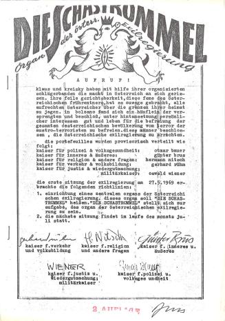 Günter Brus (u.a.), Die Schastrommel, 1969, Papier (Faksimile), geheftet,4 Blatt: 29,8 × 21 × 0 ...