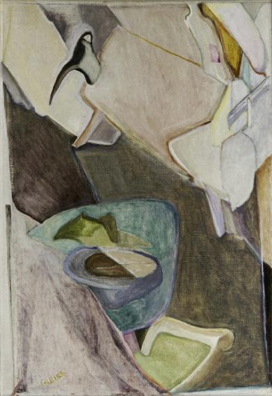 Josef Gabler, Kanne, Sessel, Flasche, Raum, 1960, Öl auf Leinwand, 80 x 55 cm, Belvedere, Wien, ...