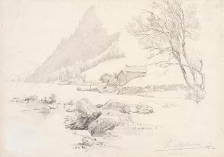 Theodor Alphons, Hallstatt am See, mit zwei Hütten, 1892, Bleistift auf Papier, 19,6 × 28 cm, B ...