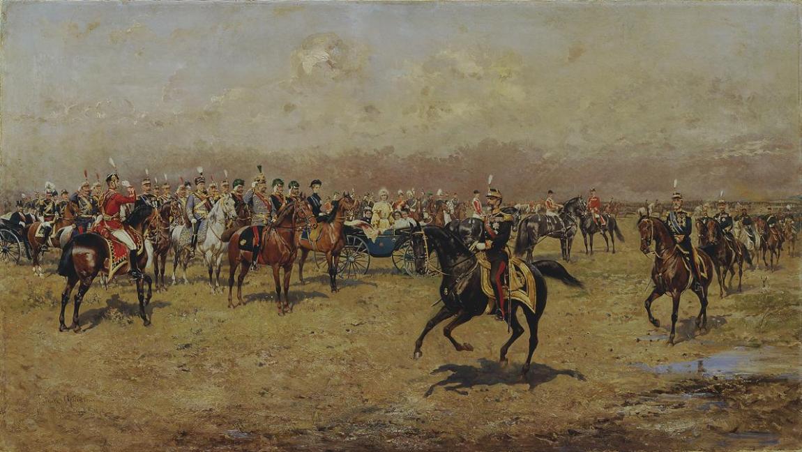 Thaddäus Ajdukiewicz, Militärparade vor Kaiser Franz Joseph I., 1899, Öl auf Leinwand, 90 x 160 ...