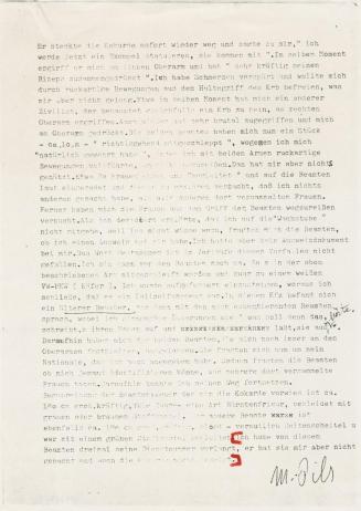 Margot Pilz, Ausschnitte der Polizeiprotokolle, 1978, Roter Filzstift auf Xerokopie, 29,7 × 21  ...