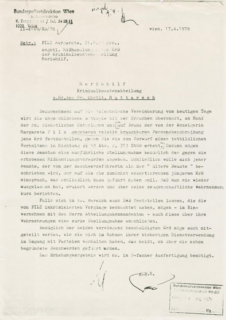 Margot Pilz, Ausschnitte der Polizeiprotokolle, 1978, Kohlepapier, 29,7 × 21 cm, Belvedere, Wie ...
