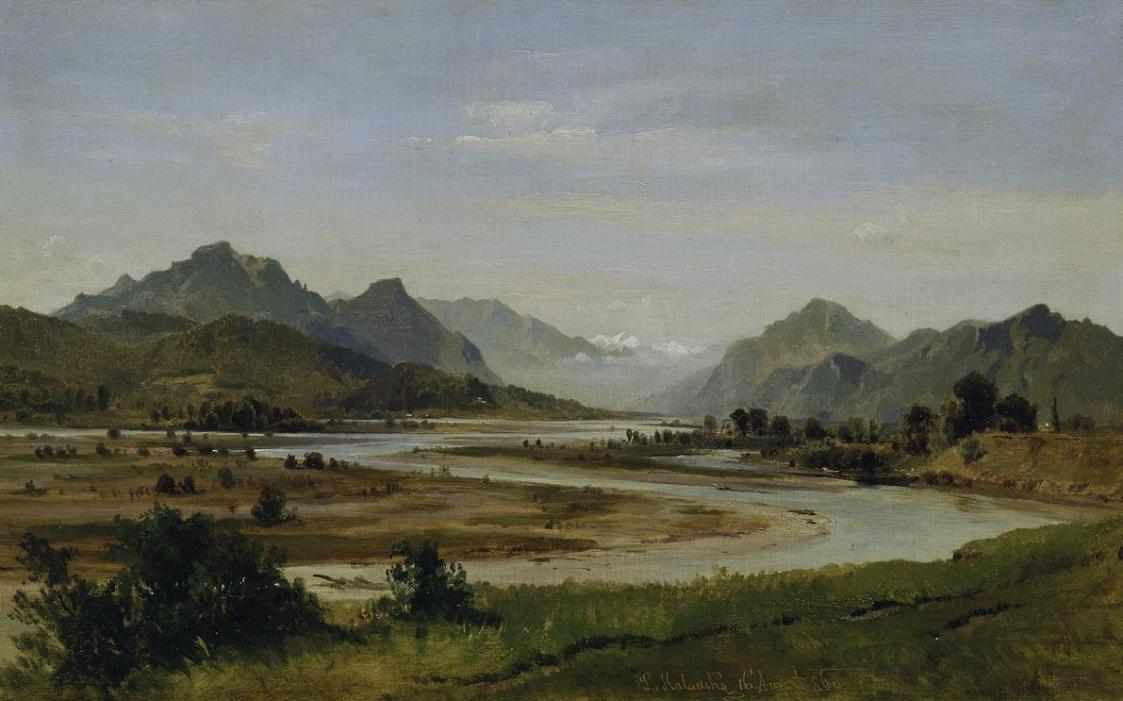 Ludwig Halauska, Alpental mit Flussschlinge, 1860, Öl auf Leinwand auf Karton, 34 x 54 cm, Belv ...