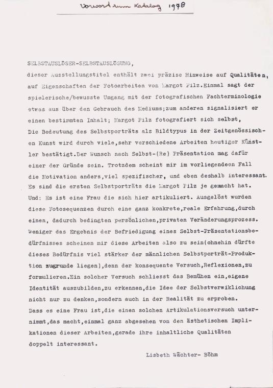 Margot Pilz, Vorwort zum Katalog von Lisbeth Wächter-Böhm, 1978, Kodak Fotopapier und Filzschre ...