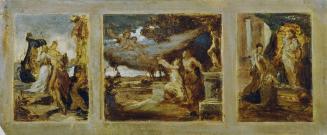 Hans Makart, Skizze für ein Triptychon mit mythologischen Szenen, um 1865, Öl auf Papier, 19,5  ...