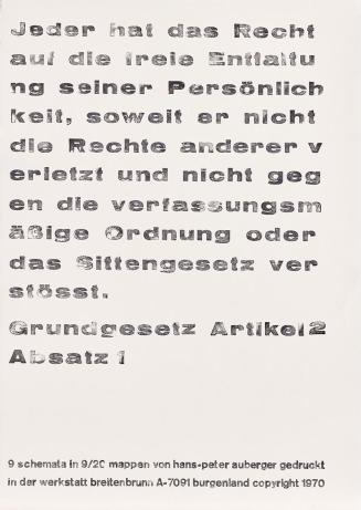 Hans Peter Auberger, sublimes repräsentationsschema (Textblatt), 1970, Siebdruck und Handstempe ...