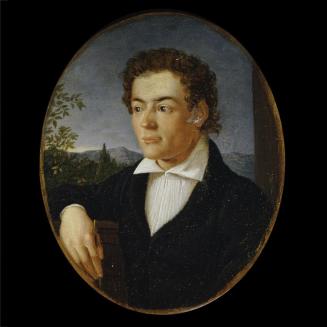 Philipp Otto Runge, Brustbild eines jungen Mannes vor einer Abendlandschaft, Öl auf Holz, hocho ...