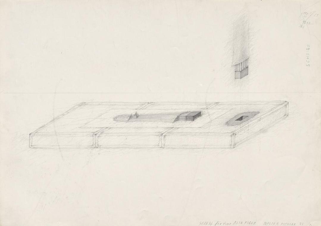 Walter Pichler, SOCKEL für eine ALTE FIGUR, 1971, Bleistift auf Papier, 42 × 61 cm, Belvedere,  ...