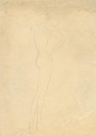 Gustinus Ambrosi, Skizze eines stehenden weiblichen Akts im Profil nach rechts, um 1960, Bleist ...