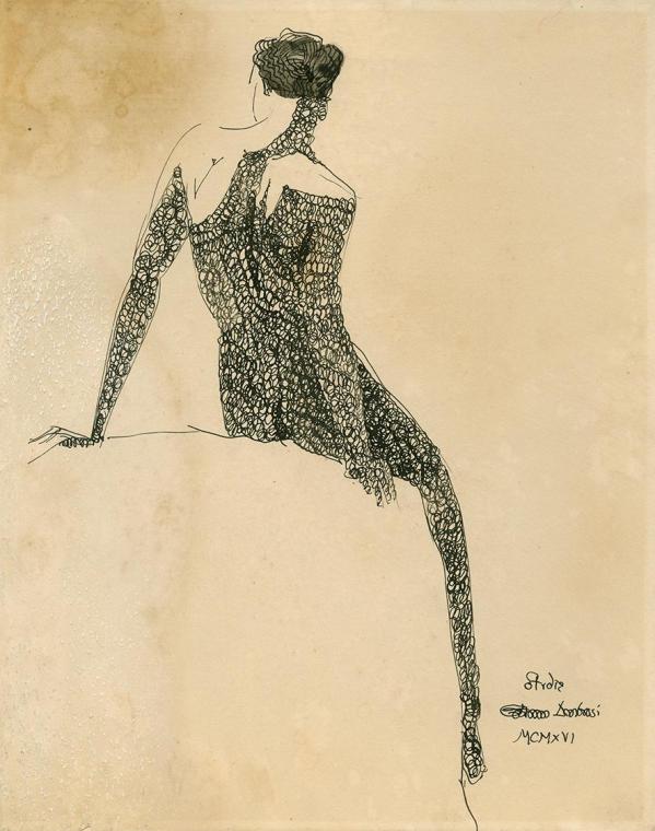Gustinus Ambrosi, Studie. Rückenansicht eines sitzenden weiblichen Aktes, 1916, Tusche auf Papi ...