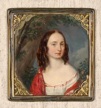 Unbekannter Künstler, Bildnis einer Dame mit Stoppellocken-Frisur, um 1840, Elfenbein, Rahmenma ...