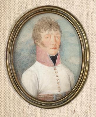 Unbekannter Künstler, Offizier in weißem Rock mit rosa Stehkragen, um 1810, Elfenbein, Rahmenma ...