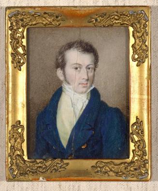 Unbekannter Künstler, Herr in dunkelblauem Rock, um 1820, Elfenbein, Rahmenmaße: 10,8 × 8,9 cm, ...