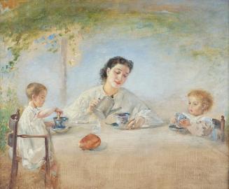 Anton Romako, Die Familie des Künstlers beim Frühstück, 1872/1873, Öl auf Leinwand, 35,5 x 45,5 ...
