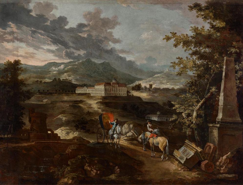 Ignaz Flurer, Landschaft mit Schloss Stattenberg, um 1730/1742, Öl auf Leinwand, 118 x 158,5 cm ...