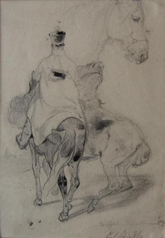 Carl Schindler, Pferde- und Reiterstudie, um 1835, Bleistift und Tusche auf Papier, Blattmaße:  ...