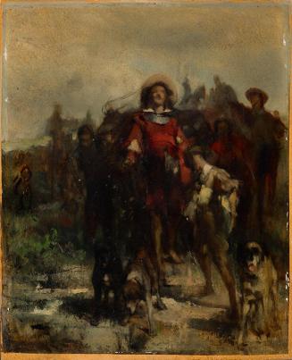 Johann Till, Ritter, Knabe und drei Hunde, möglicherweise auf der Jagd, um 1870/1880, Öl auf Ka ...