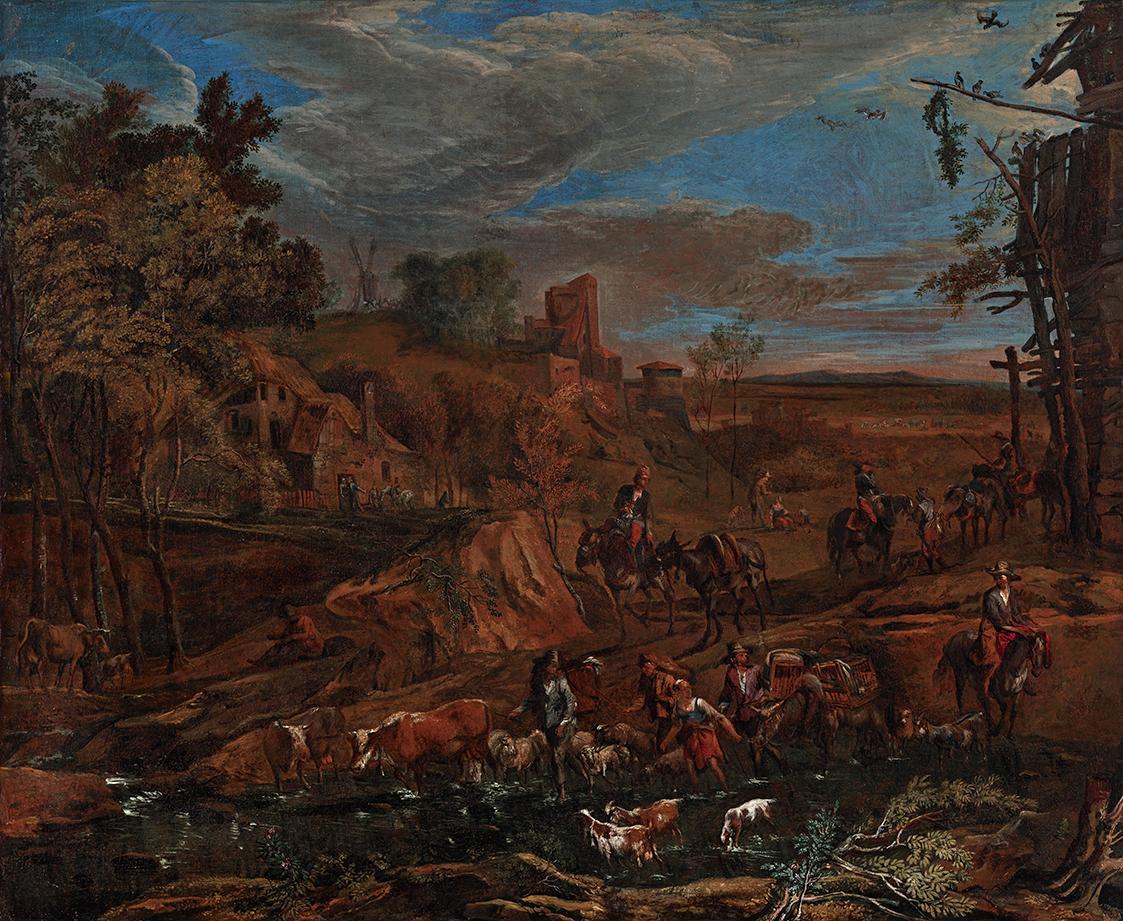 Hans Johann Baptist Graf, Herbstlandschaft mit Furt und Viehtrieb, 1708, Öl auf Leinwand, 70 x  ...