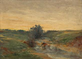Serafin Maurer, Wäscherin am Bach bei Sonnenuntergang, um 1920, Öl auf Holz, ungerahmt: 30,7 ×  ...