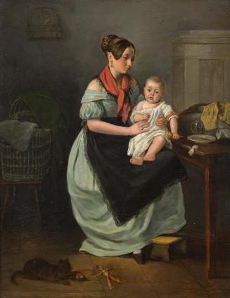 Unbekannter Künstler, Mutter mit ihrem Kind auf dem Schoß, um 1835, Öl auf Leinwand, 34,2 × 27, ...