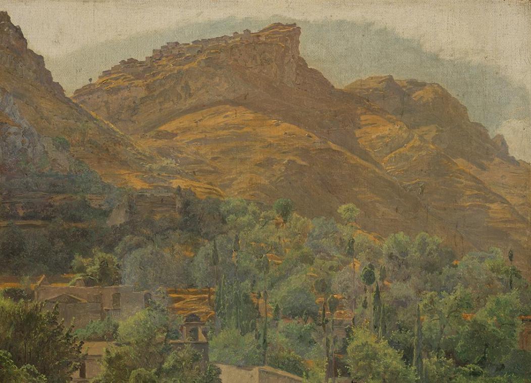 Ferdinand Georg Waldmüller, Blick zur Bergstadt Mola bei Taormina, um 1844, Öl auf Leinwand, 23 ...