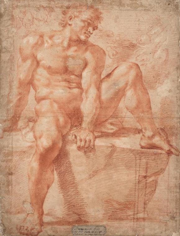 Männerakt, auf Stein sitzend, 16./17. Jahrhundert, Rötel auf Papier, Blattmaße: 57 × 43,5 cm, B ...
