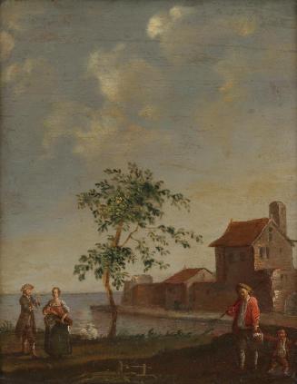 Norbert Grund, Landschaft mit figürlicher Staffage, undatiert, Öl auf Holz, 16 × 12,7 cm, Belve ...
