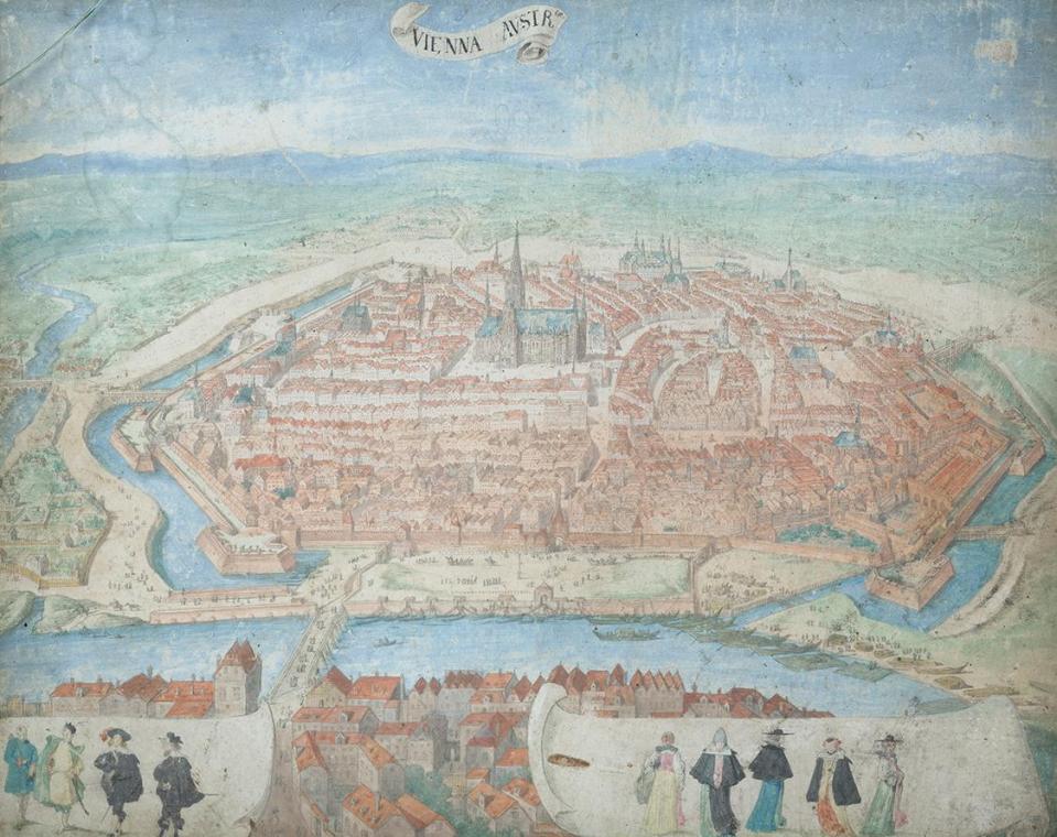 Ansicht von Wien aus der Vogelperspektive, undatiert, Aquarell auf Pergament, 13 × 16,4 cm, Bel ...