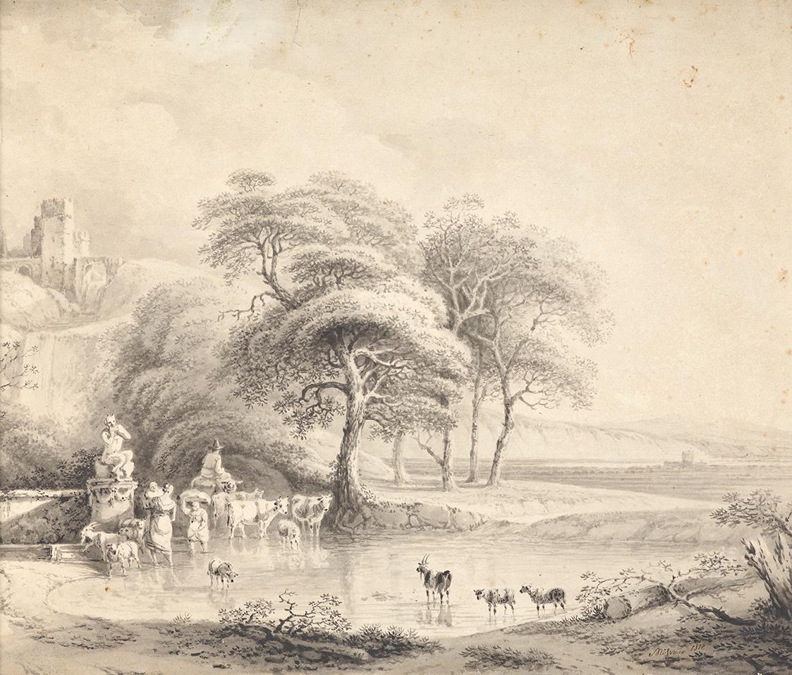 Joseph Mössmer, Landschaft mit Furt, 1812, Sepia-Aquarell, 35 × 41 cm, Schenkung Sammlung Maure ...