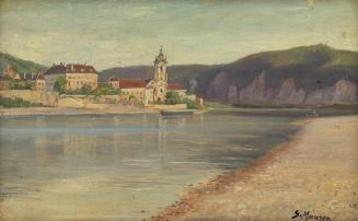 Serafin Maurer, Ansicht von Dürnstein vom gegenüberliegenden Donauufer, um 1910, Öl auf Holz, 1 ...