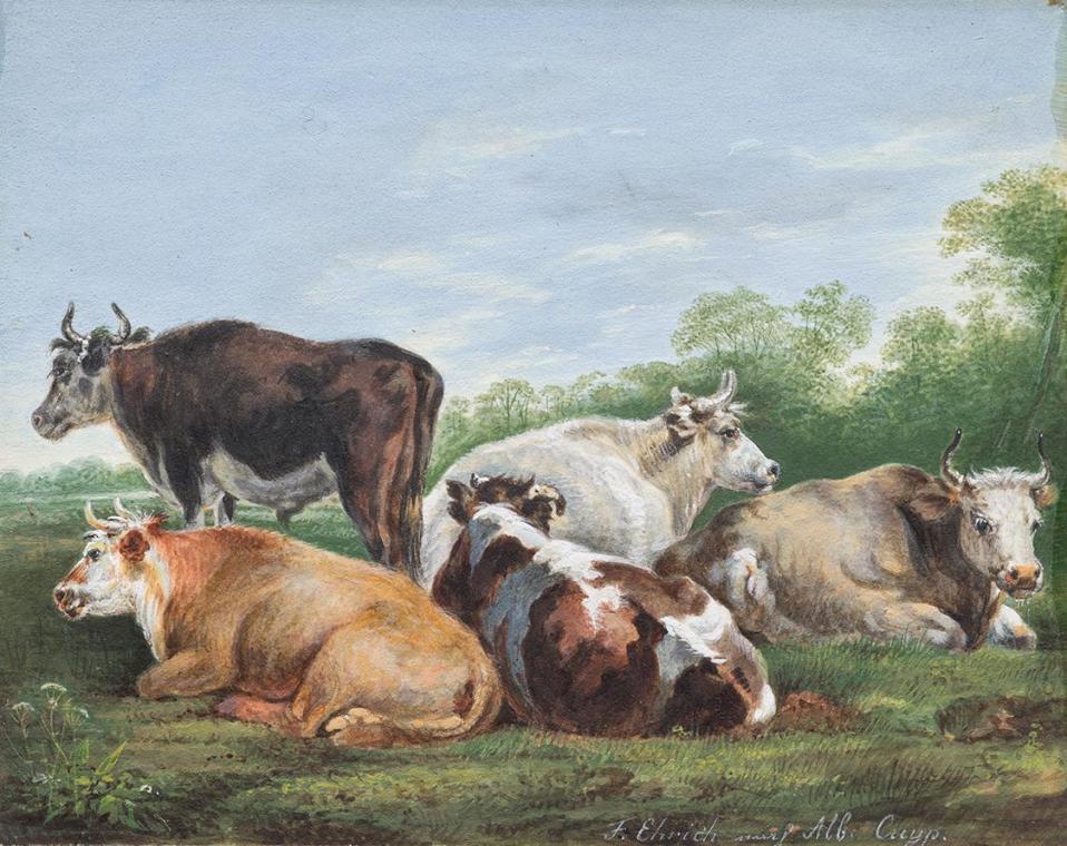 Ferdinand Ehricht d. J. nach Albert Jacobsz Cuyp, Kühe auf einer Weide, Öl auf Holz, 8,3 × 10,3 ...