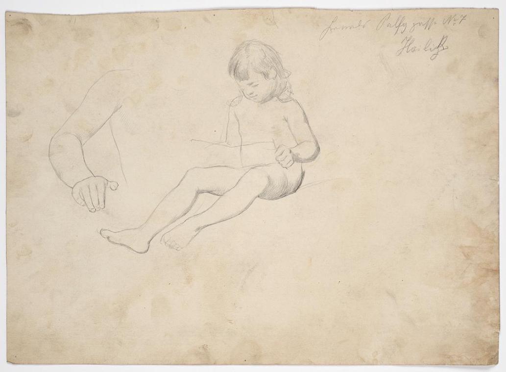 Franz von Matsch, Aktstudie eines sitzenden Kleinkindes, lesend, undatiert, Bleistift, 27,4 x 3 ...