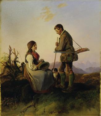 Johann Matthias Ranftl, Jäger und Mädchen, 1847, Öl auf Holz, 60 x 52,5 cm, Belvedere, Wien, In ...