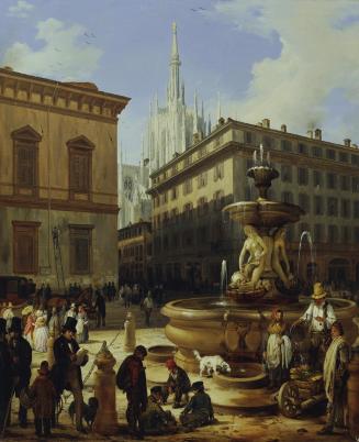 Angelo Inganni, Straßenansicht aus Mailand, im Hintergrund der Dom, 1844, Öl auf Leinwand, 97,5 ...