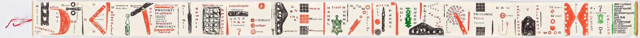 Eduard Hänggi, Von A bis Z (Alphabetbuchrolle), 1969, Materialdrucke und Handstempel, gerollt,  ...