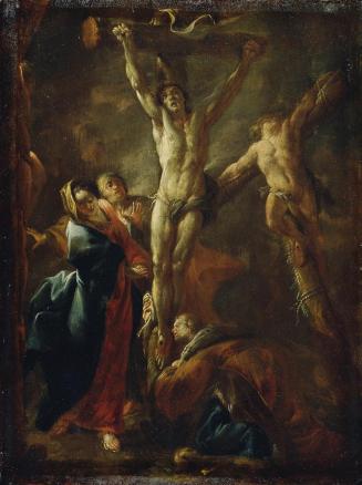 Unbekannter Künstler, Christus am Kreuz mit Maria, Johannes, Magdalena und den beiden Schächern ...