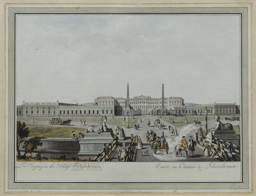 Carl Schütz, Der Eingang in das Schloß Schönbrunn, 1780, Radierung, altkoloriert, 34,5 x 45 cm, ...