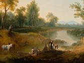 Martin von Molitor, Reiter und Fischer in einer Flusslandschaft, Detail, 1787, Öl auf Leinwand, ...