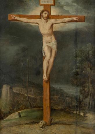 Unbekannter Künstler, Gekreuzigter Christus in Landschaft, 17. Jahrhundert, Öl auf Eichenholz,  ...