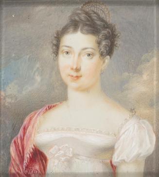 Unbekannter Künstler, Junge Dame in weißem Empirekleid, um 1810, Elfenbein, 6,7 × 5,9 cm, Schen ...