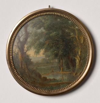 Unbekannter Künstler, Landschaft mit Bäumen an See, 18. Jahrhundert, Öl auf Metall, 6,2 × 6 cm, ...