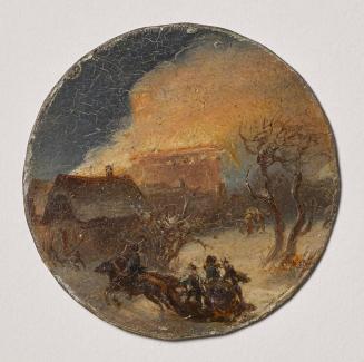 Unbekannter Künstler, Brennendes Haus und Pferdeschlitten, um 1860, Öl auf Metall, D: 4,6 cm, S ...