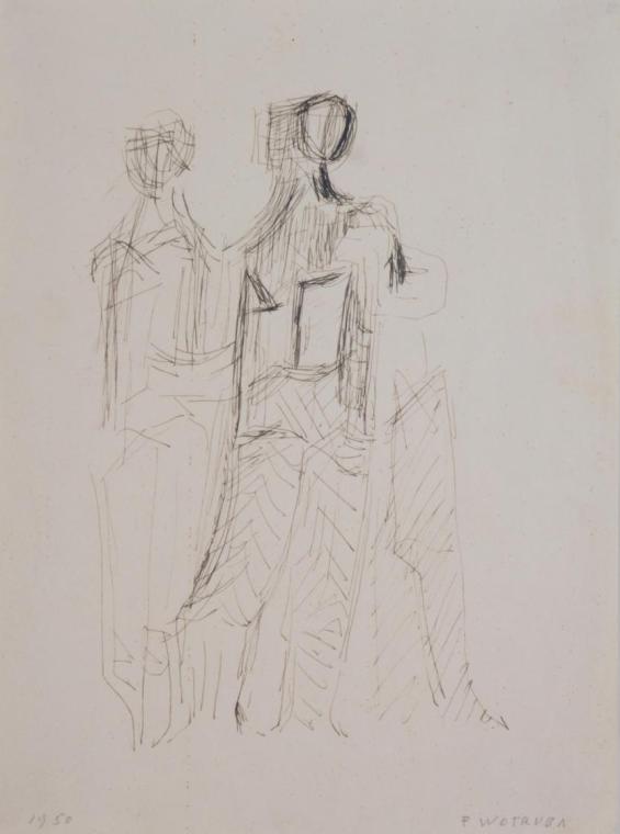 Fritz Wotruba, Zwei Figuren, 1950, Tusche mit Feder auf Papier, Blattmaße: 28,5 × 21,1 cm, Belv ...
