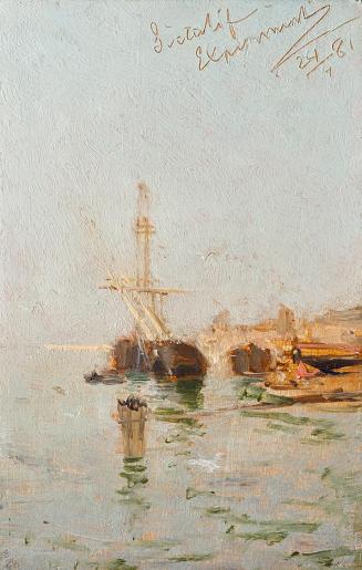 August von Pettenkofen, Studie aus Venedig mit Schiff, 1881, Öl auf Holz, 16,5 x 10,5 cm, Belve ...