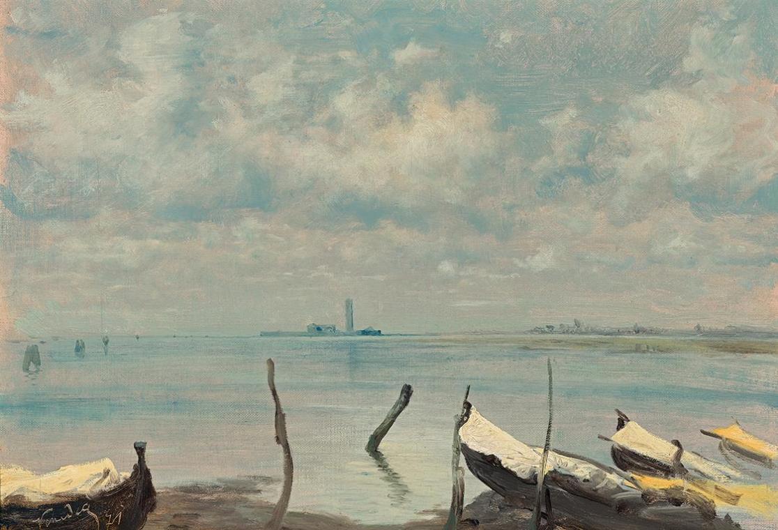 Leopold Carl Müller, Blick von Mestre auf Venedig (Lagunenlandschaft), 1871, Öl auf Leinwand, 3 ...