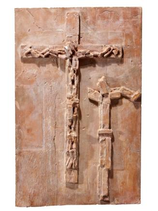 Fritz Wotruba, Relief mit zwei Kruzifixdarstellungen, 1965, Gipsguss nach Tonmodell, 63 × 40 ×  ...